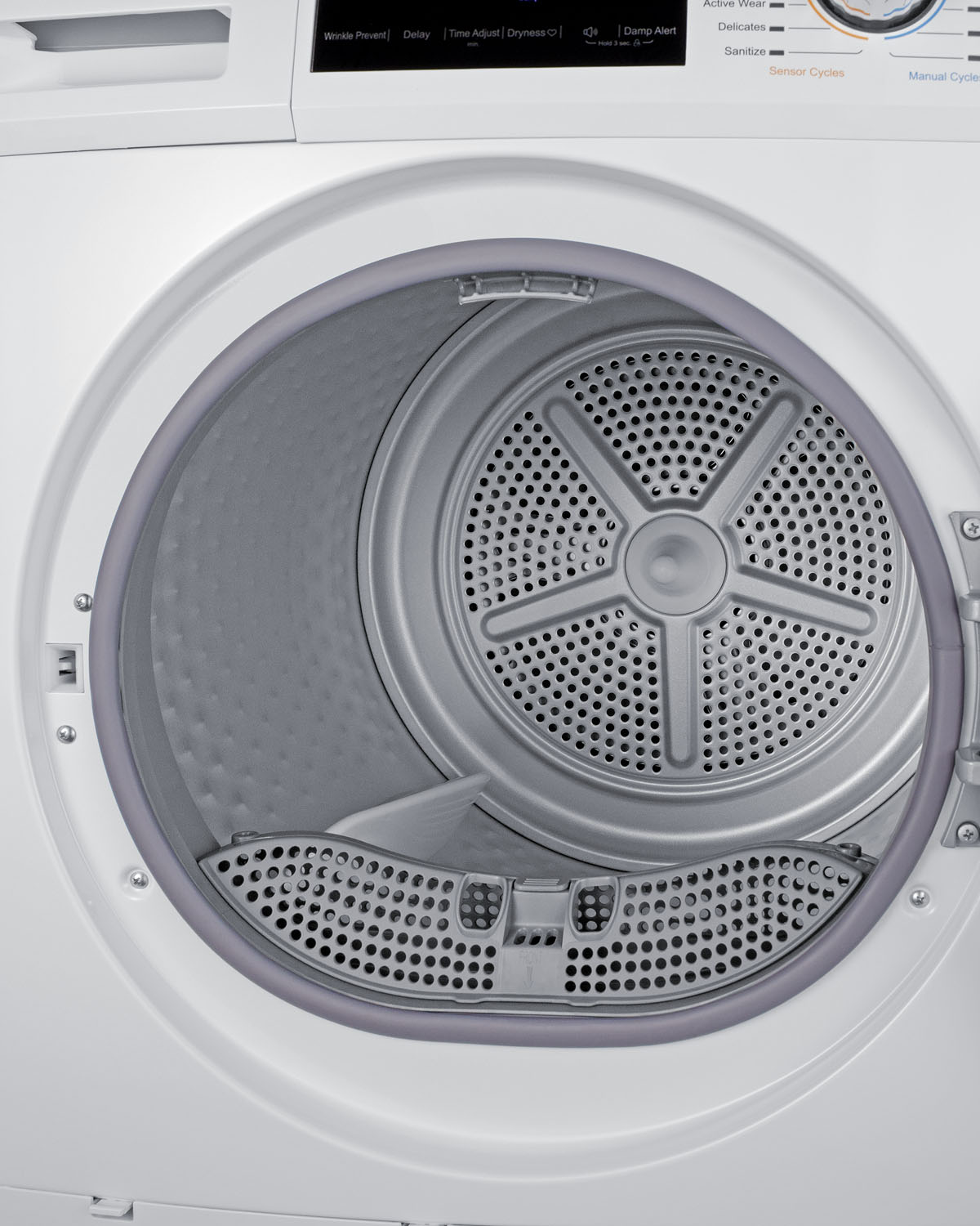 Combination of ENERGY STAR certified LW2427 115V washer and 208-240V LD2444 heat pump dryer with stacking kit that includes a slide-out rack